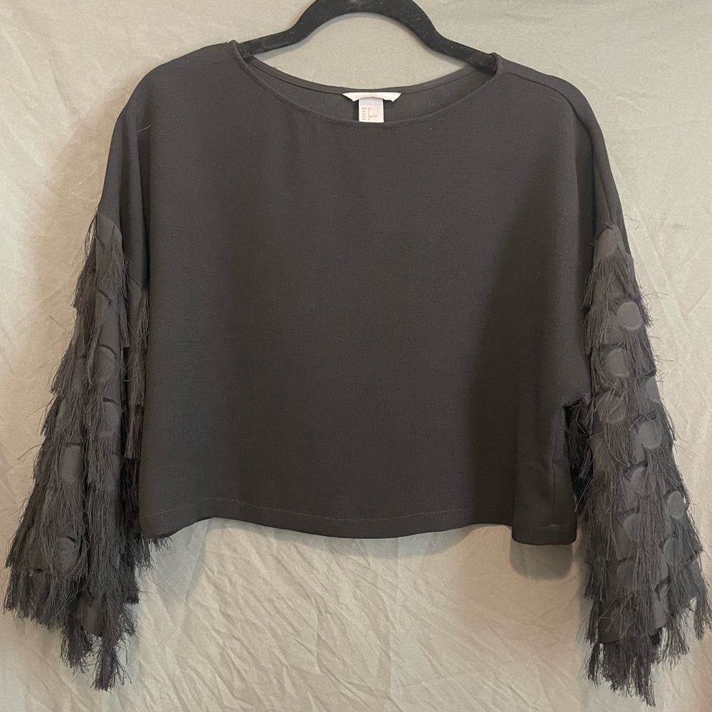 H&M Women’s Fringe Sleeve Crop Top with Wide Sleeves, Arm Details, Black, Size 2